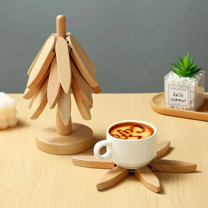 Bamboo & Wooden Tree-Shaped Coaster Set with Decorative Stand