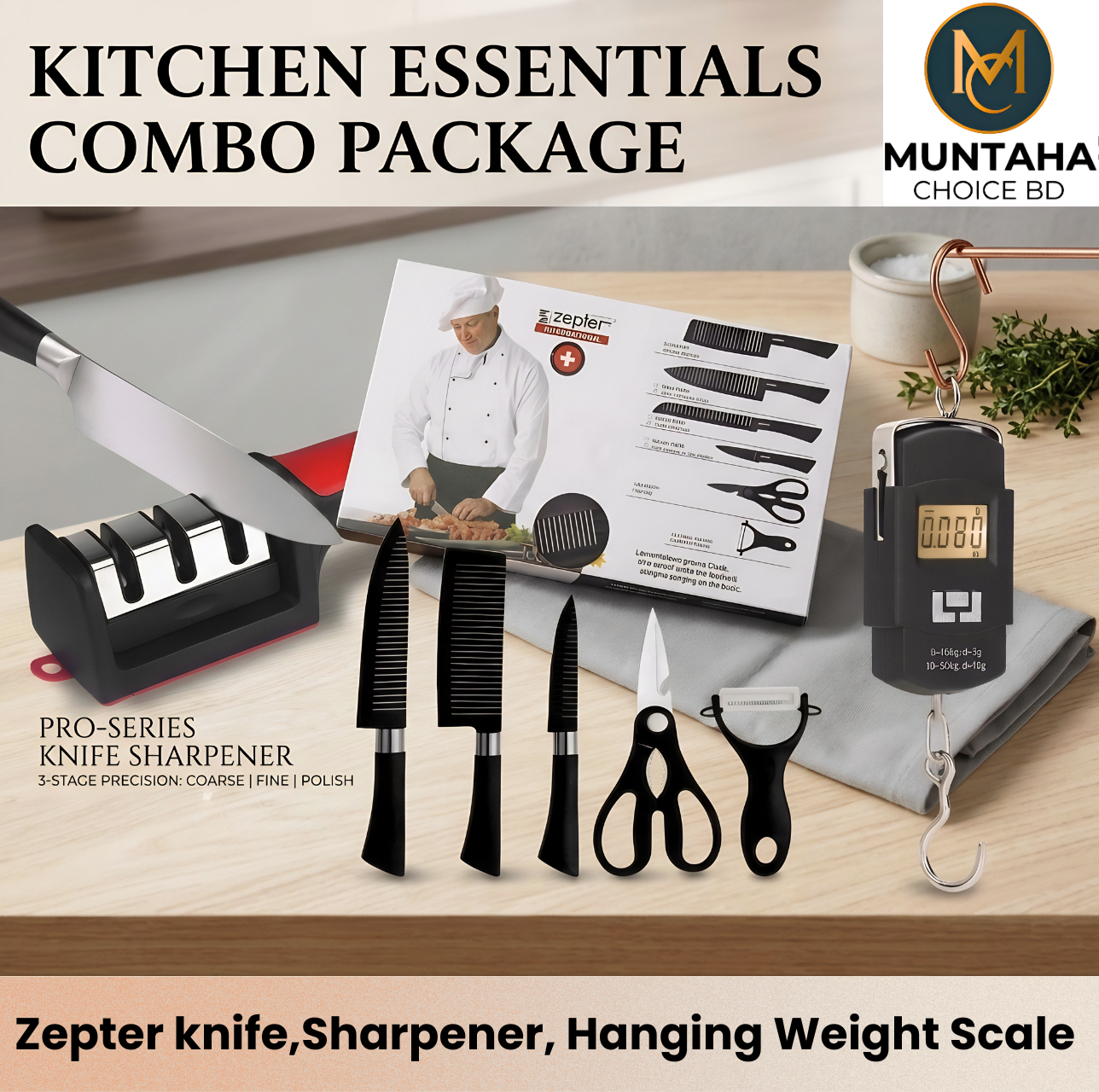 Kitchen Essentials Combo Package (Zepter Knife Set, Sharpener & Scale)