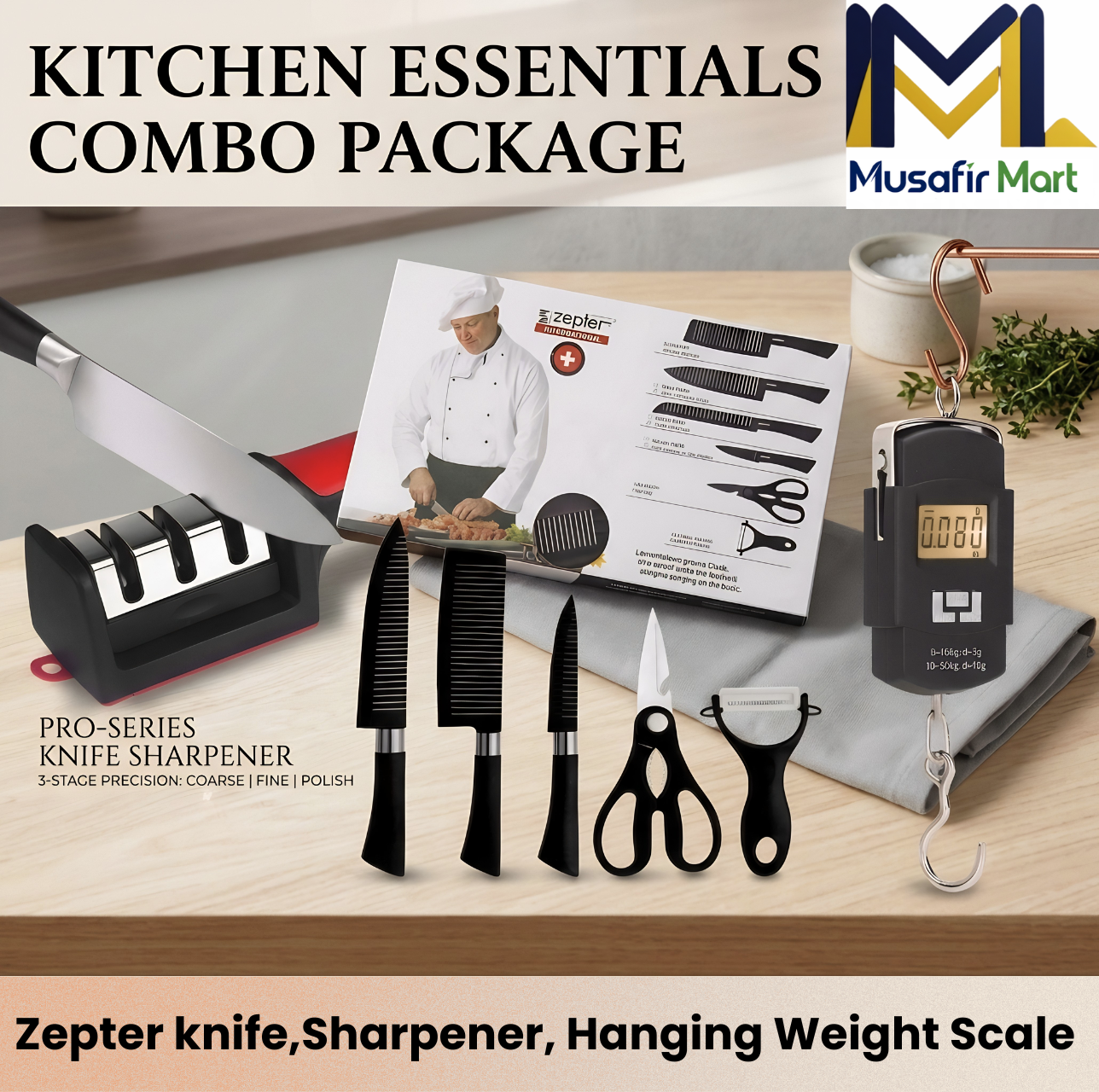 Kitchen Essentials Combo Package (Zepter Knife Set, Sharpener & Scale)