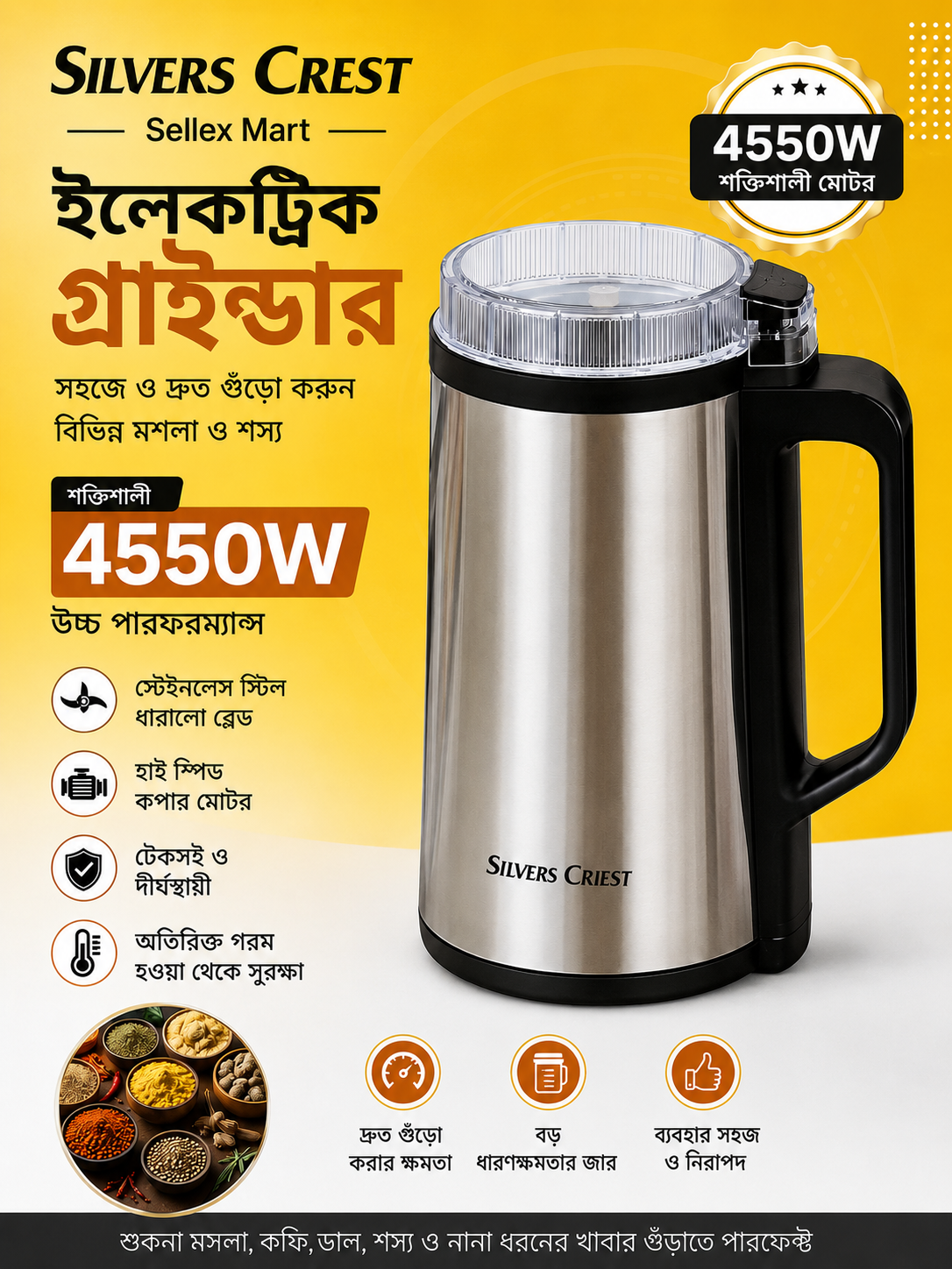 Silver Crest 4550W High-Power Stainless Steel Grinder
