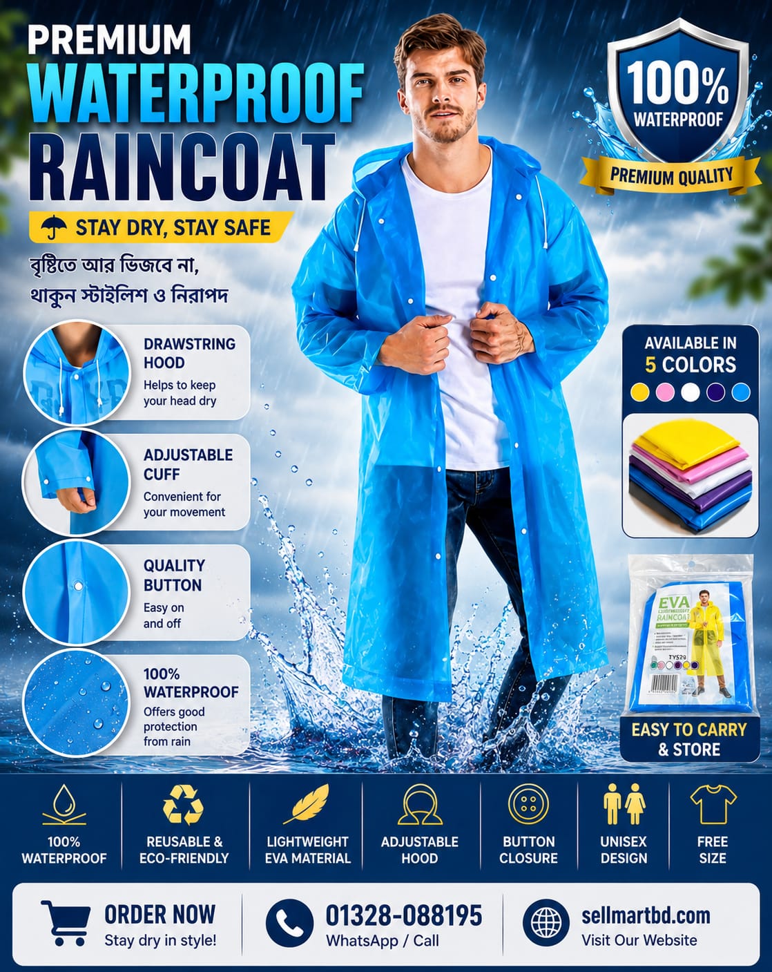 🌧️ Premium Waterproof Hooded Raincoat