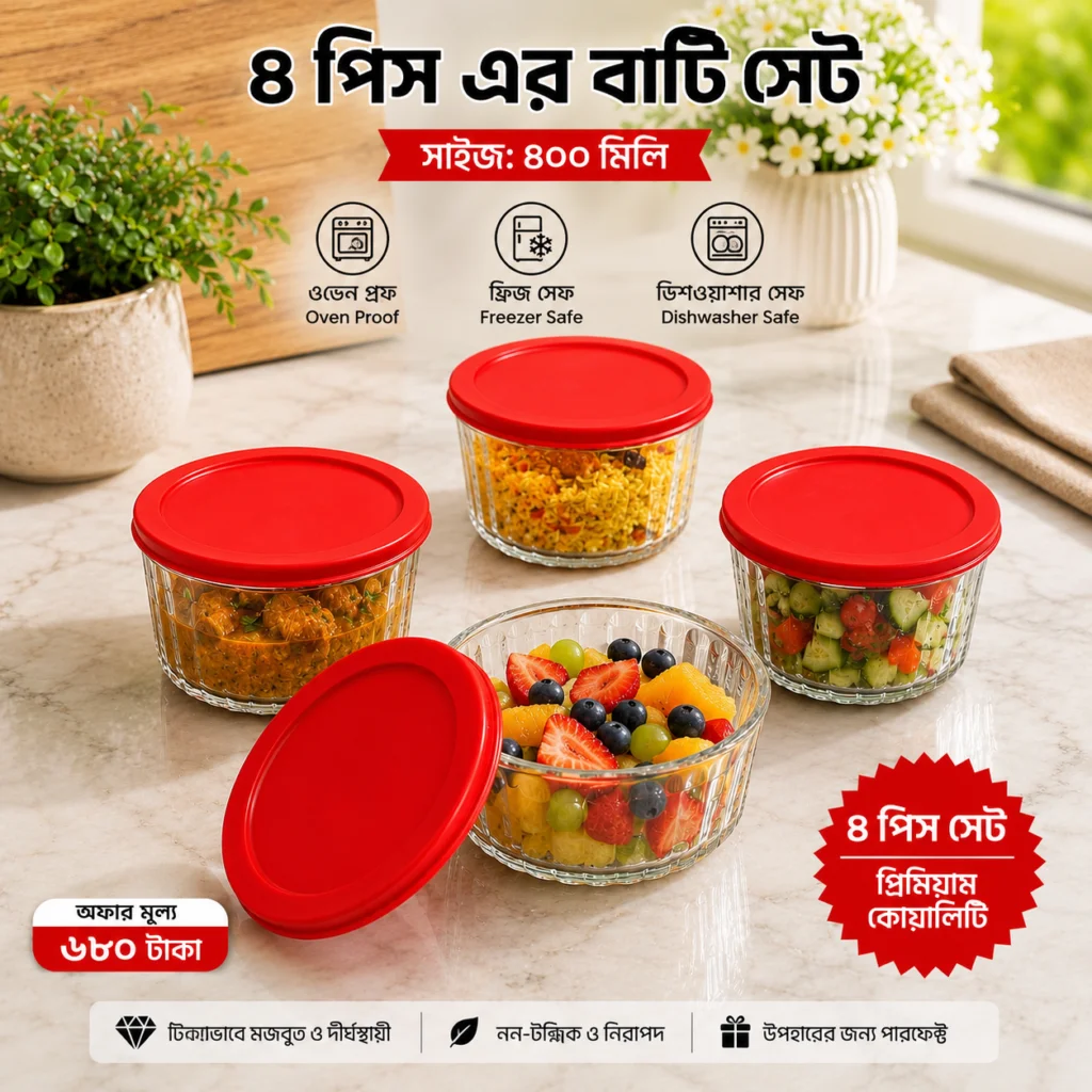 Kiam Crystal Clear Glass Bowl Set (4 Pcs) – ৪ পিস প্রিমিয়াম গ্লাস বোল সেট 🥣