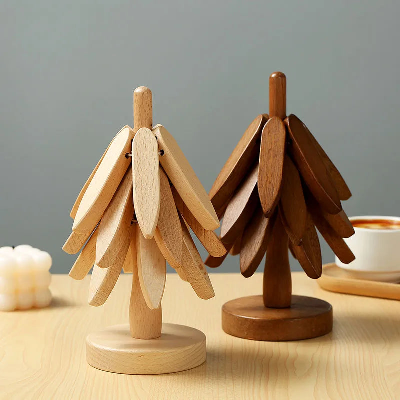 Bamboo & Wooden Tree-Shaped Coaster Set with Decorative Stand